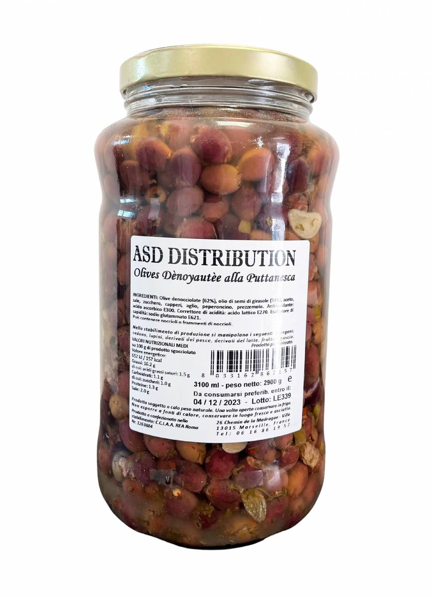 Olives dénoyautées à la puttanesca bocal de 2,9kg pour professionnel alimentaire en France