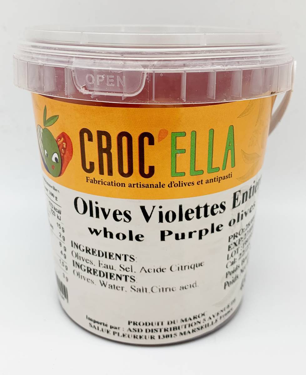 Seau de 450gr d'olives entières violettes CROC'ELLA pour grossiste et distributeur en France