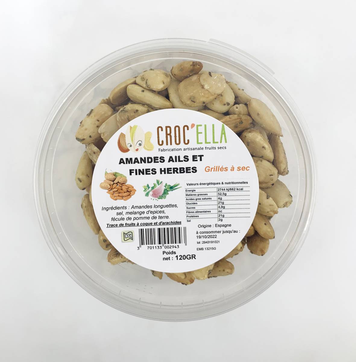 Amandes grillées ail et fines herbes pot de 120gr pour professionnel alimentaire en France