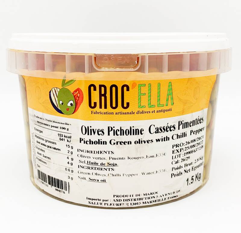Olives picholines cassées pimentées seau de 1.5kg pour professionnel alimentaire en France