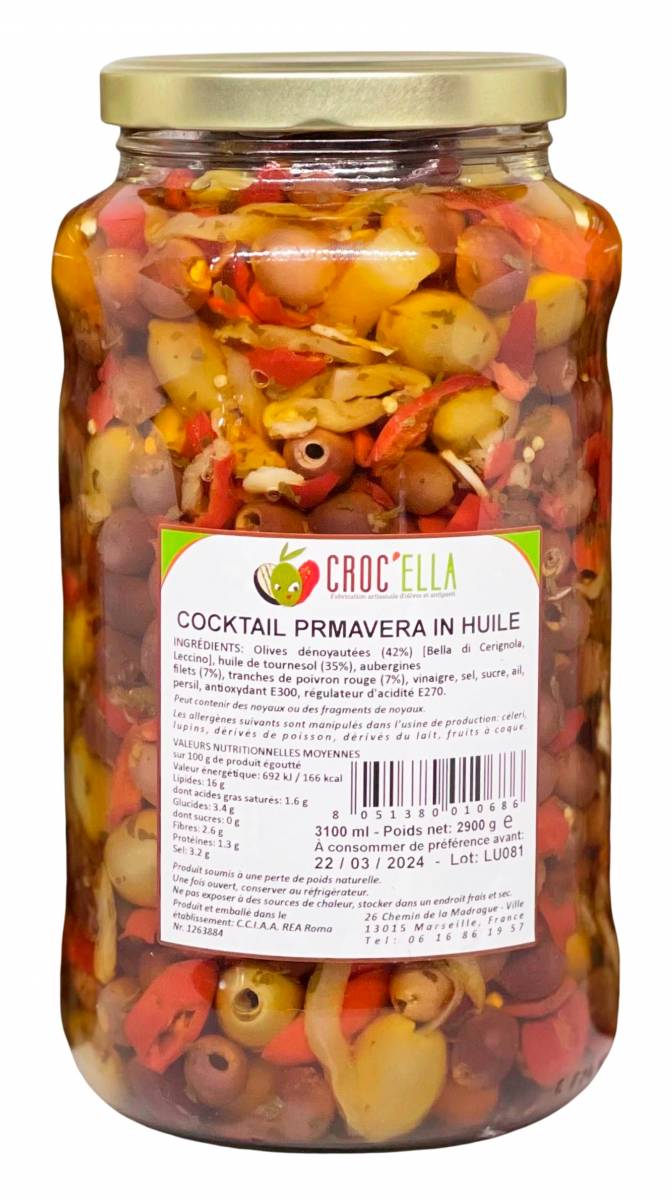 Cocktail d'olives primavera bocal de 2,9kg originaire d'Italie pour grossiste et distributeur en France