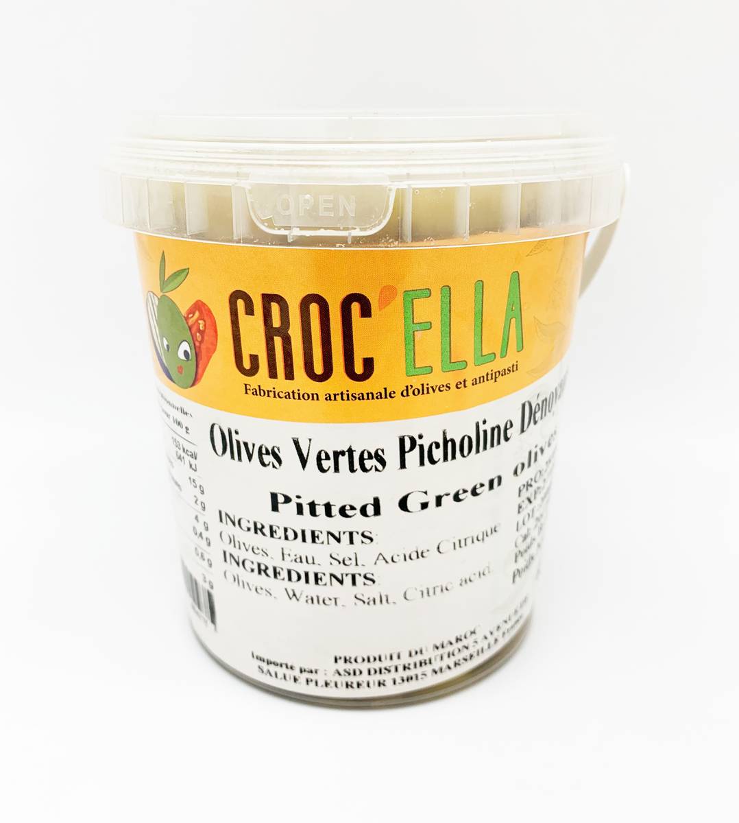 Olives vertes picholine dénoyautées 450gr CROC'ELLA pour grossiste et distributeur en France