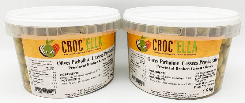 Olives picholines cassées provençale seau de 1.5kg pour professionnel alimentaire en France