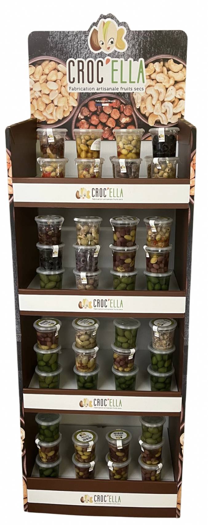 DSPLAY MEUBLES EN CARTON CROCELLA   POTS OPERCULE FRUITS SECS OU OLIVES OU SACHETS APERITIFS CROC’ELLA actualité Marseille PACA