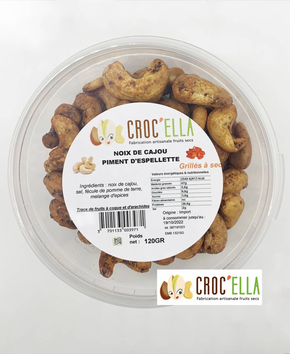 Noix de cajou grillées piment d'espelette 120 gr pour grossiste et distributeur en France