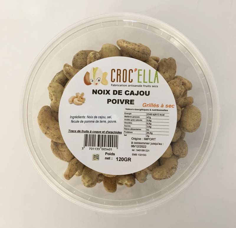 Noix de cajou grillées au poivre pot de 120gr pour professionnel alimentaire en France