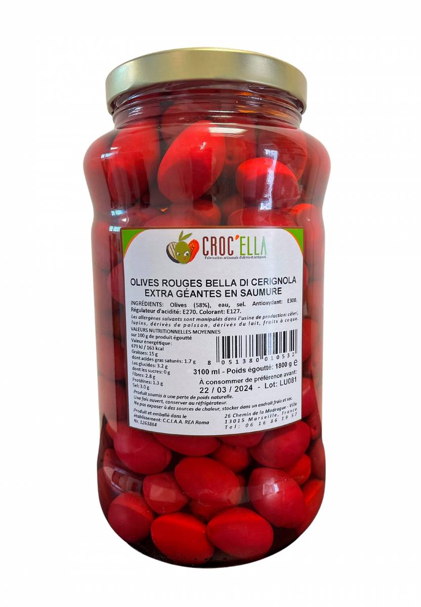 Olives Cerignola rouge bocal de 1,8kg pour professionnel alimentaire en France