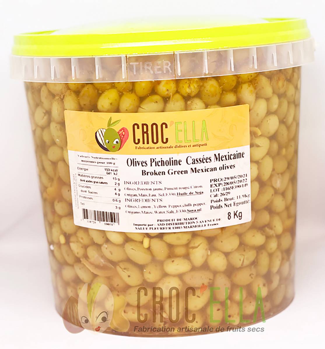 Olives marocaines olives vertes cassées mexicaine 8kg pour grossiste et distributeur France