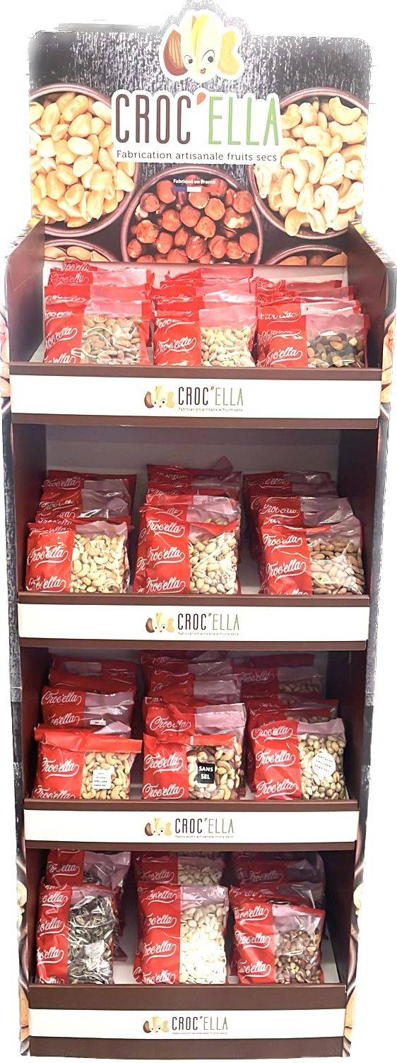 DSPLAY MEUBLES EN CARTON CROCELLA   POTS OPERCULE FRUITS SECS OU OLIVES OU SACHETS APERITIFS CROC’ELLA actualité Marseille PACA