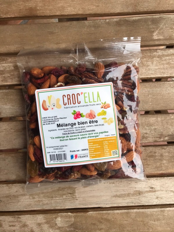 Mélange Bien-être en sachet mélange de fruits secs CROC’ELLA Marseille Bouches-du-Rhône