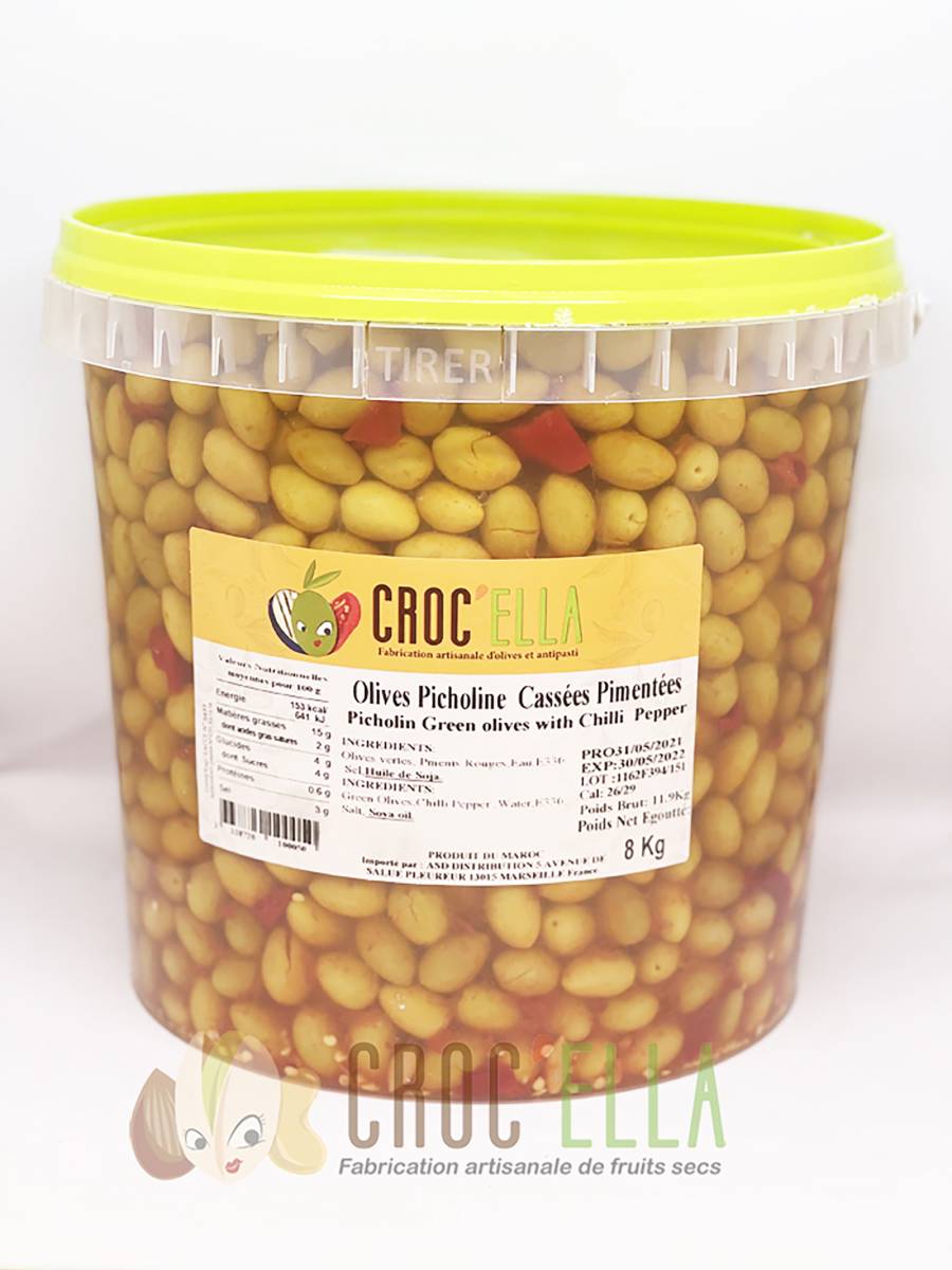 Olives marocaines olives picholine cassées pimentées 8kg pour professionnels