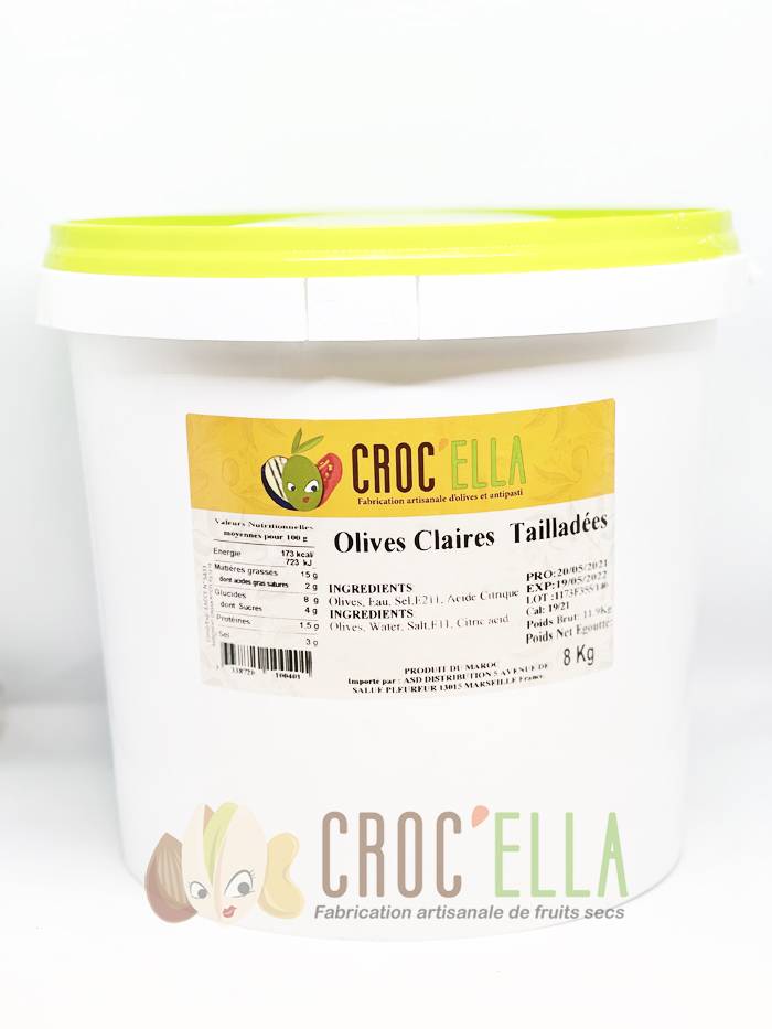 Olives marocaines CROC'ELLA Olives tailladées claires seau de 8kg pour professionnel alimentaire en France
