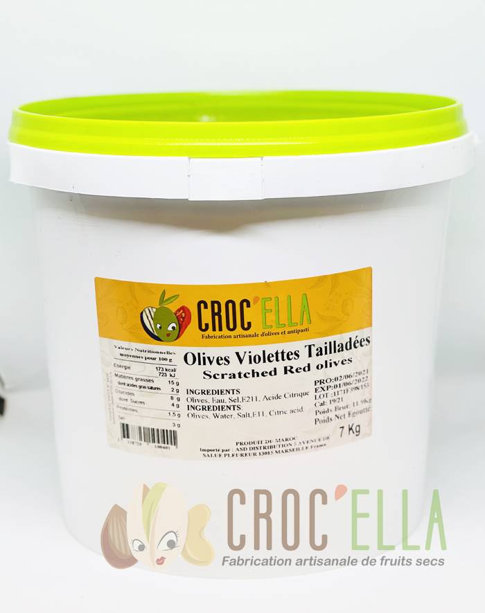Olives violettes tailladées Olives marocaines seau de 7kg pour professionnel alimentaire en France