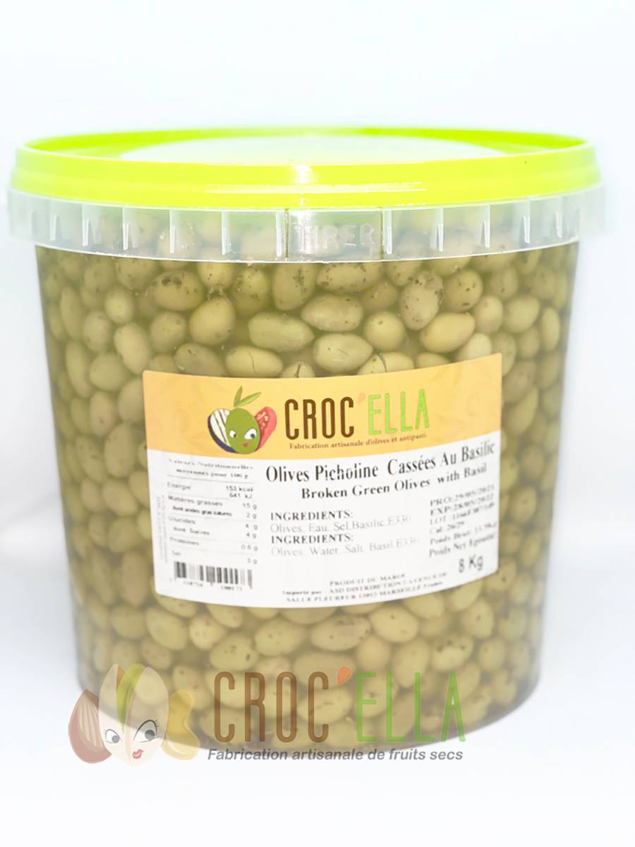 Olives vertes picholine basilic seau de 8kg pour professionnel alimentaire en France