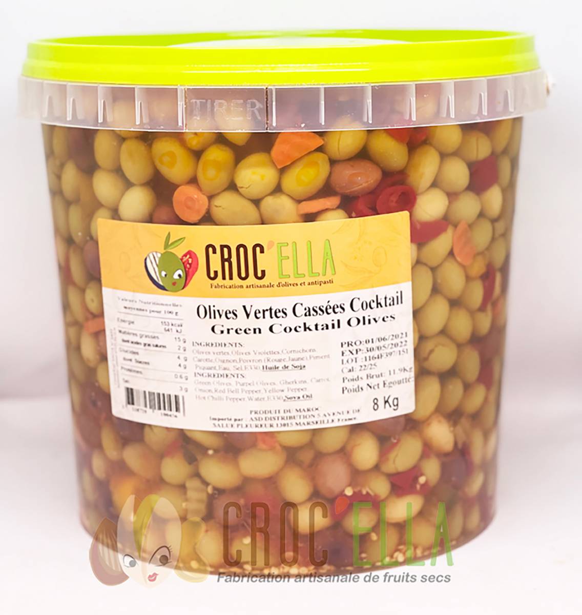 Olives marocaines olives vertes cassées cocktail 8kg pour professionnel alimentaire en France