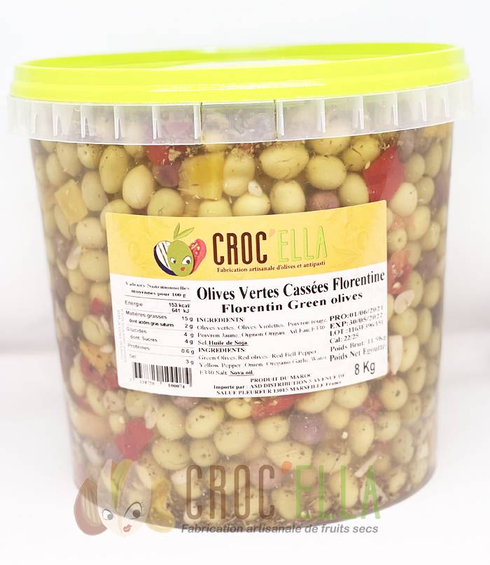 Seau de 8kg d'olives vertes cassées florentines pour professionnel alimentaire en France