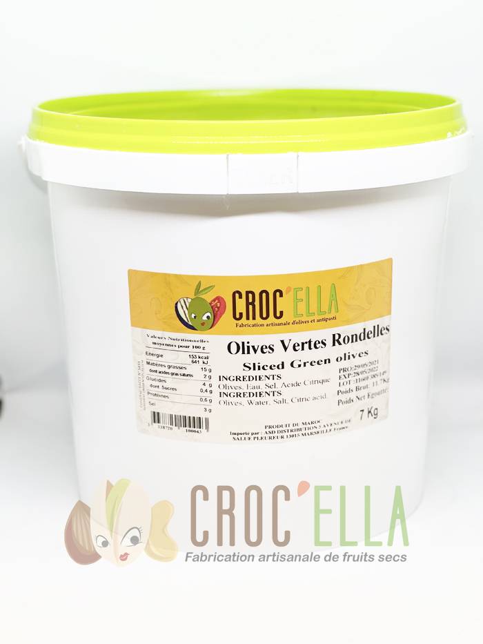 Olives vertes découpées en rondelles 7 kg du Maroc pour professionnel